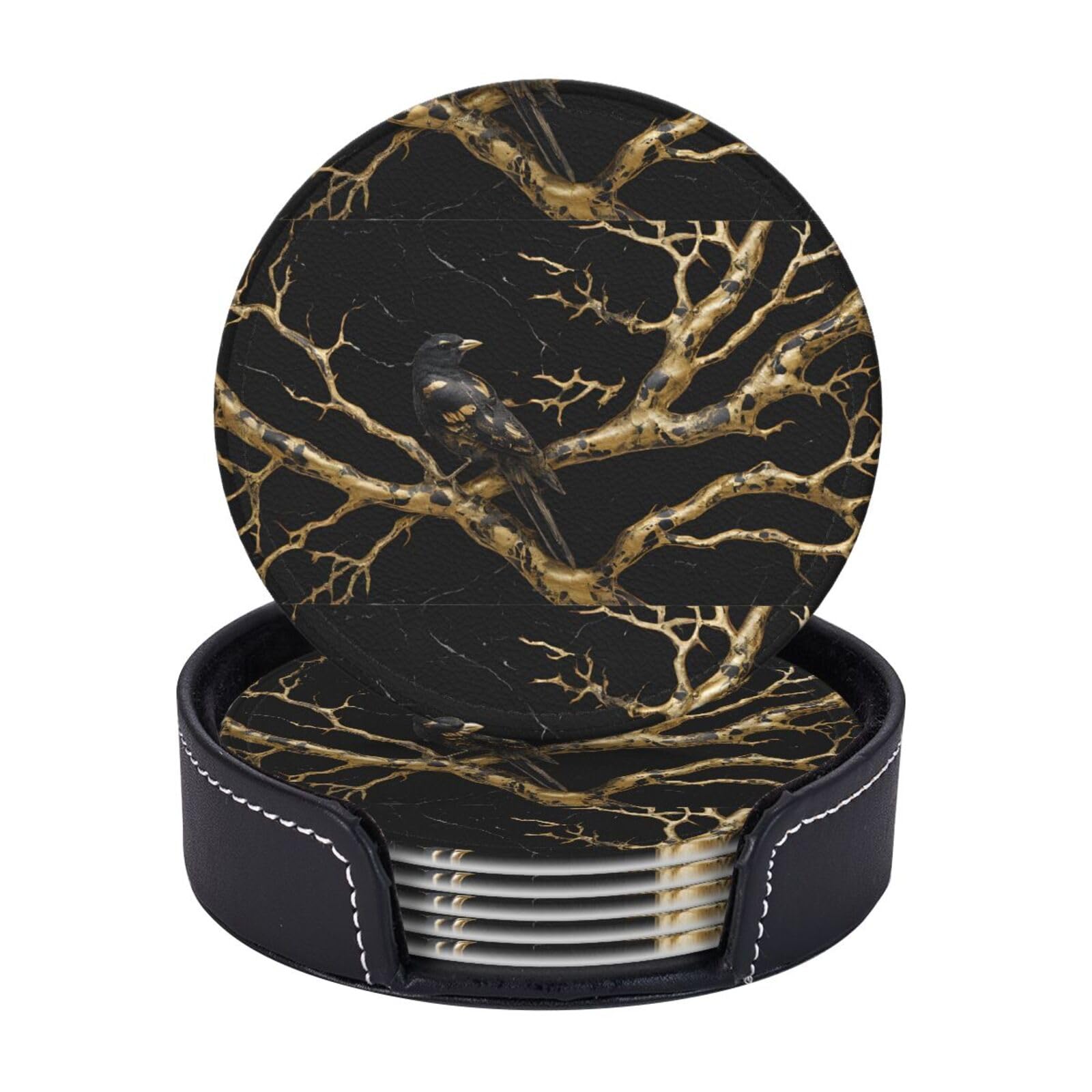 Coasters Set of 6 Microfiber PU leather Coasters with Holders for Drinks Coffee Bar Accessories, House Apartment Coffee Table Decor, Housewarming Gifts - Black and Gold marble Bird