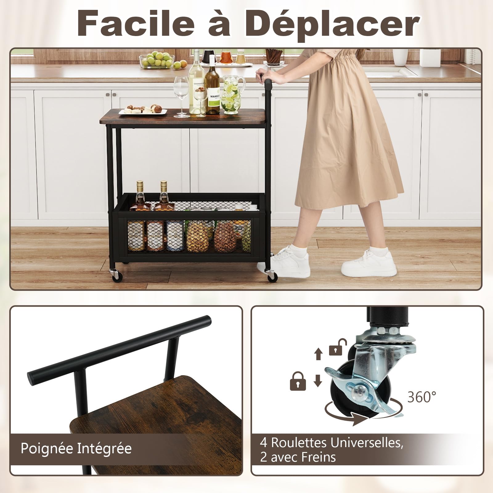 COSTWAY Chariot de Service en Métal avec Plateau en Bois, Desserte de Cuisine sur roulettes avec Rangement, Panier en Maille, Style Industriel pour Cuisine, Salon
