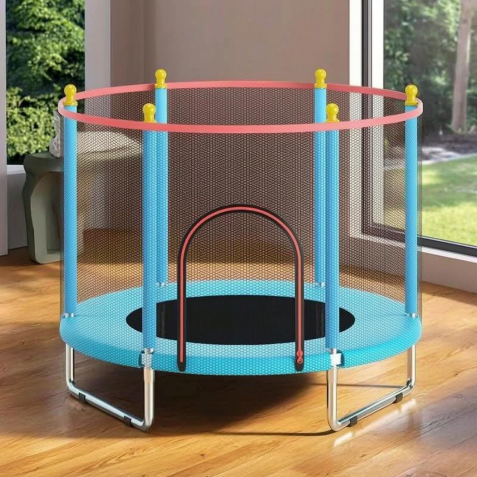 Cama Elástica Infantil Niños Mini Trampolin con Red Aro de Baloncesto Incluye Balón Pelotas Variadas Estructura de Acero Resistente Adecuada para, Azul