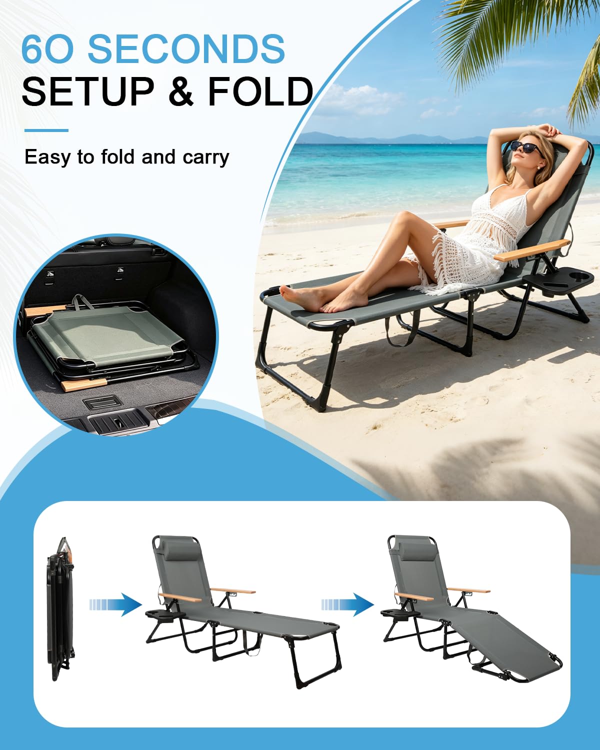 Sonnenliege Klappbar mit Kopfkissen, Gartenliege Wetterfest, Klappbare Strandliege Campingliege mit Holzarmlehnen, Liegestuhl für Balkon, Garten, Pool & Strand, bis 150kg (Grau)