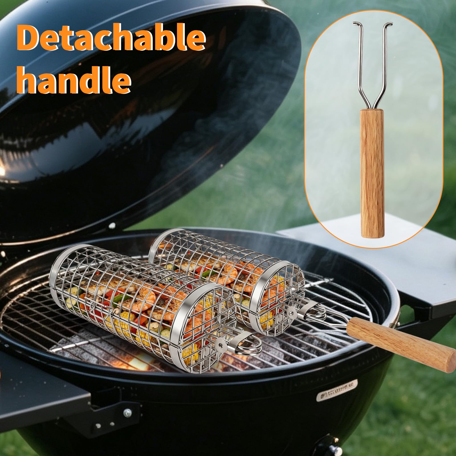 Cestello BBQ Rotante Acciaio Inox 304 Accessorio Grill Apertura a Conchiglia e Manico in Legno Smontabile Ideale come Regalo per la Festa del Papà Compleanno Natale Capodanno Uomo (S+XL)