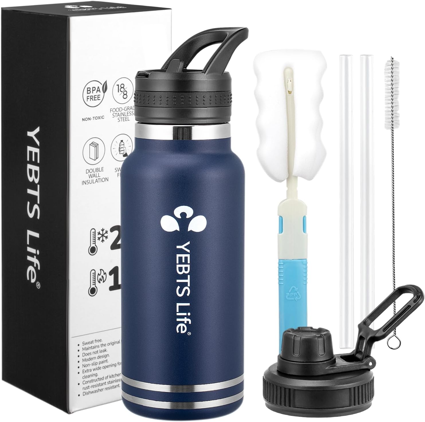 Insulated Water Bottle With Straw,32 oz Vacuum Insulated Stainless Steel Sports Water Flask with 2 Lids & 2 Straws,Keeps Cold and Hot,Metal Water Bottle Wide Mouth for Gym Travel Camping(Indigo)