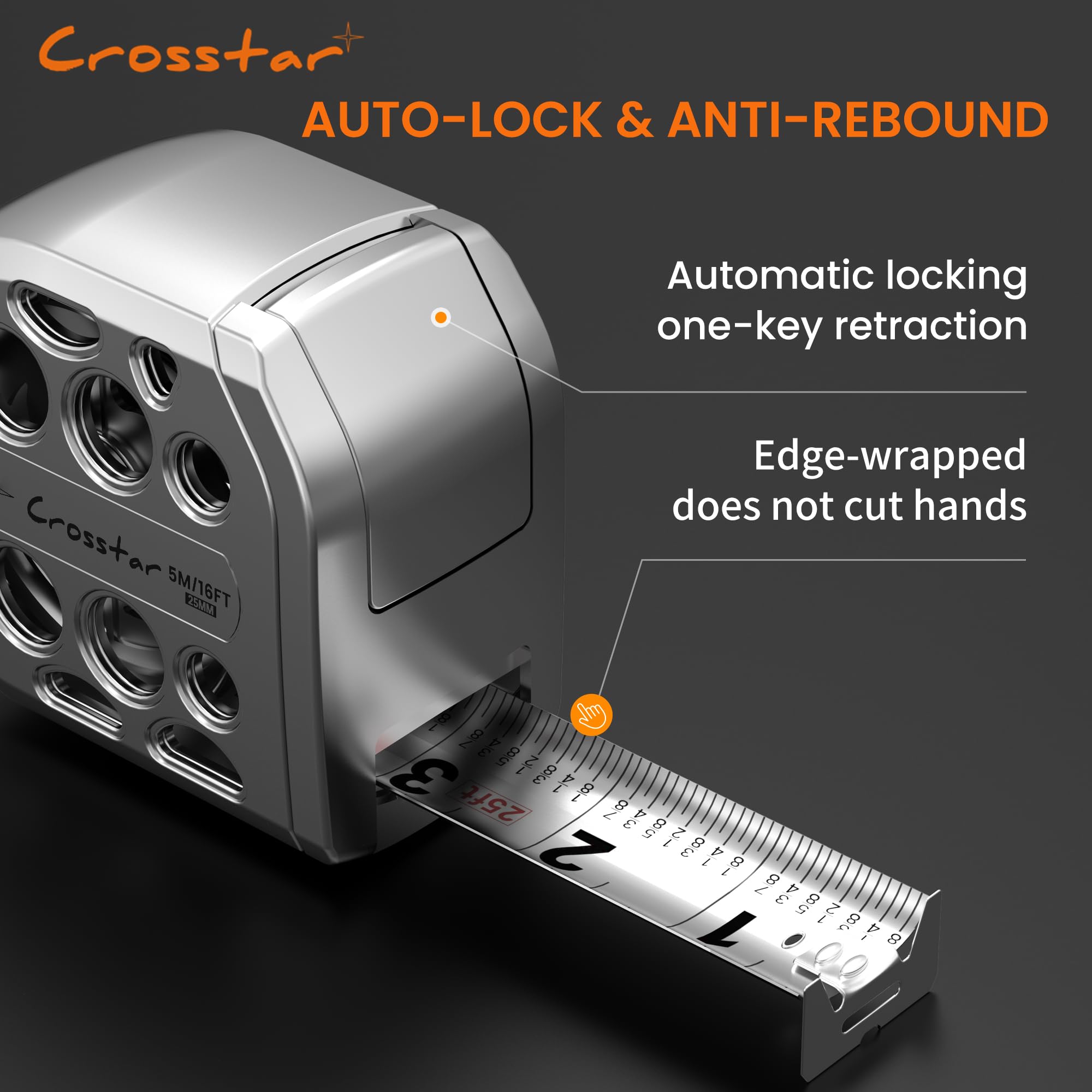 Crosstar Cinta métrica de acero inoxidable autoblocante de 16 pies con graduaciones de doble cara, cinta métrica retráctil impermeable, diseño hueco duradero, construcción fácil de limpiar para