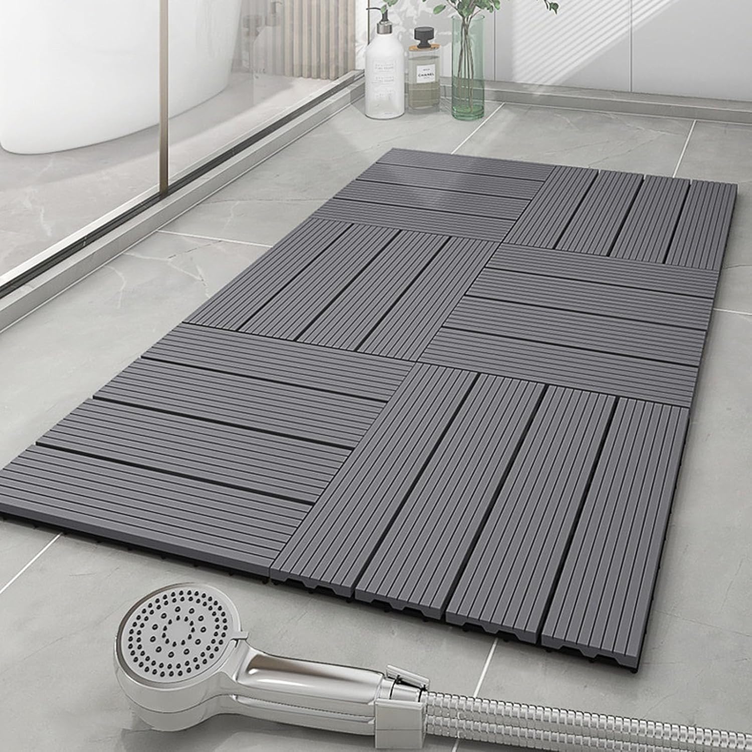 Losetas de tarima sintética encajables Baldosas de cubierta entrelazadas de plástico y madera, 5 piezas, gris y café, 30x30x2cm(Grey)