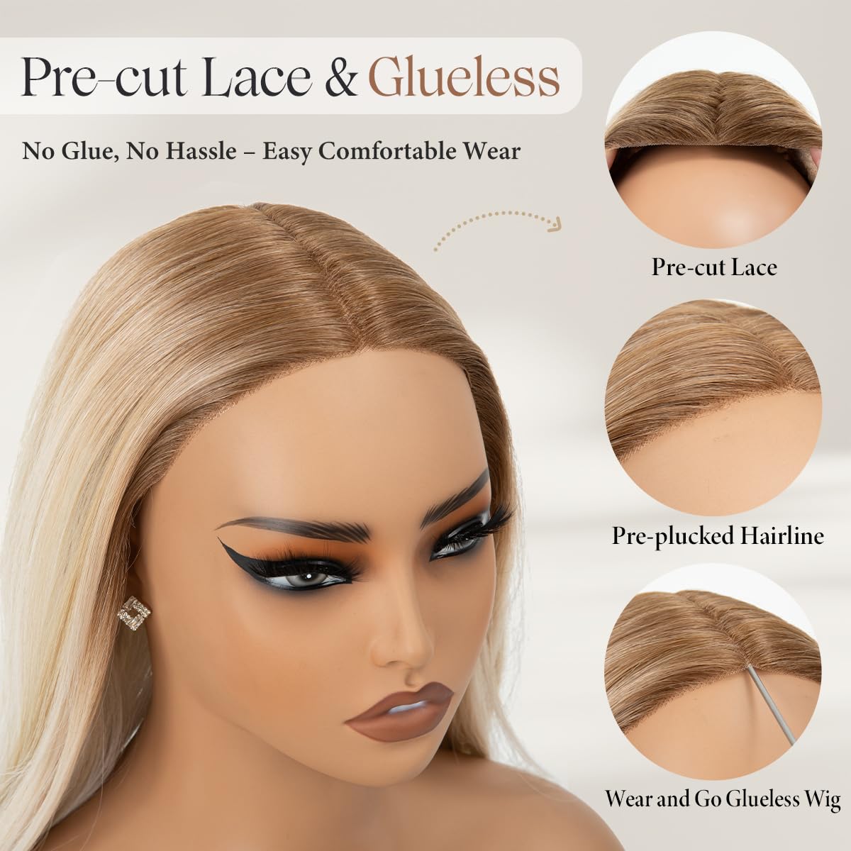 Wear and Go Glueless Mono Part Lace Wig Pre Cut Pre Plucked Synthetic Middle Part Lace Long Layered Straight Wig for Beginners Pearl Blonde