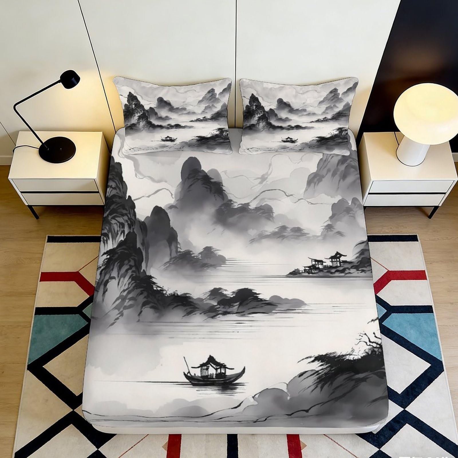 3D Printed Ink Mountain Fitted Sheet Microfiber Soft Breathable Chinese Landscape Bed Cover for Bedroom Decor 90x200x25cm