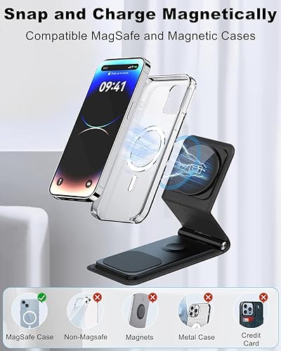 Miniatura 5 de Cargador inalámbrico magnético, estación de carga 3 en 1 de cuero para múltiples dispositivos Apple, soporte plegable de viaje rápido para iPhone 15