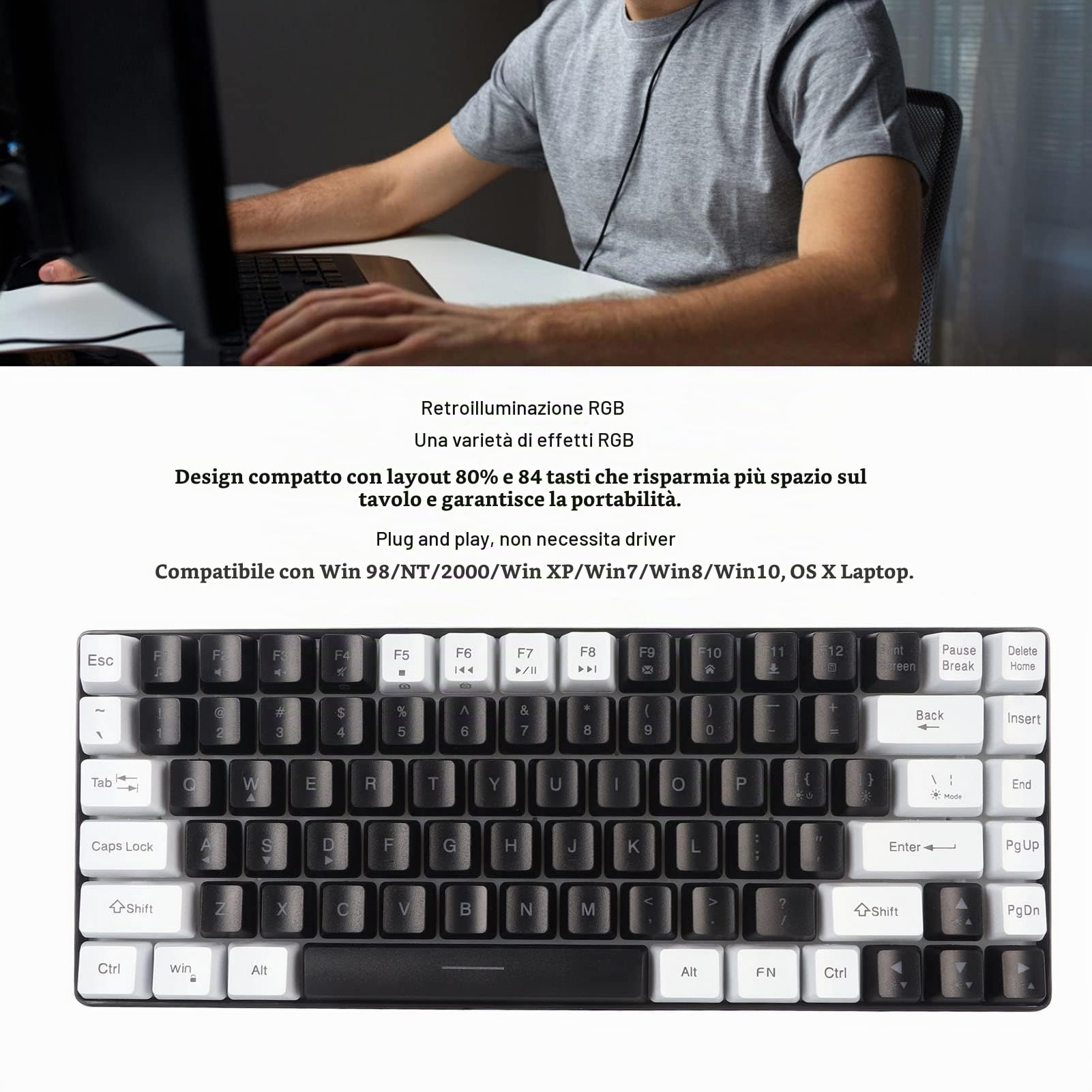 Bewinner Tastiera Meccanica Cablata a 84 Tasti, Tastiera da Gioco Retroilluminata RGB, Tastiera Cablata Silenziosa Ergonomicamente Curva, Tastiera Portatile, Tastiera Meccanica (Nero)