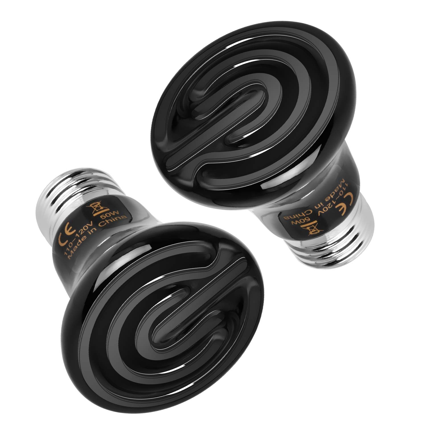 Simple Deluxe 50W Mini Ceramic Heat Emitter Reptile Heat Lamp Bulb No Light Emitting Brooder Coop Heater for Amphibian Pet & Incubating Chicken, 2-Pack, Black