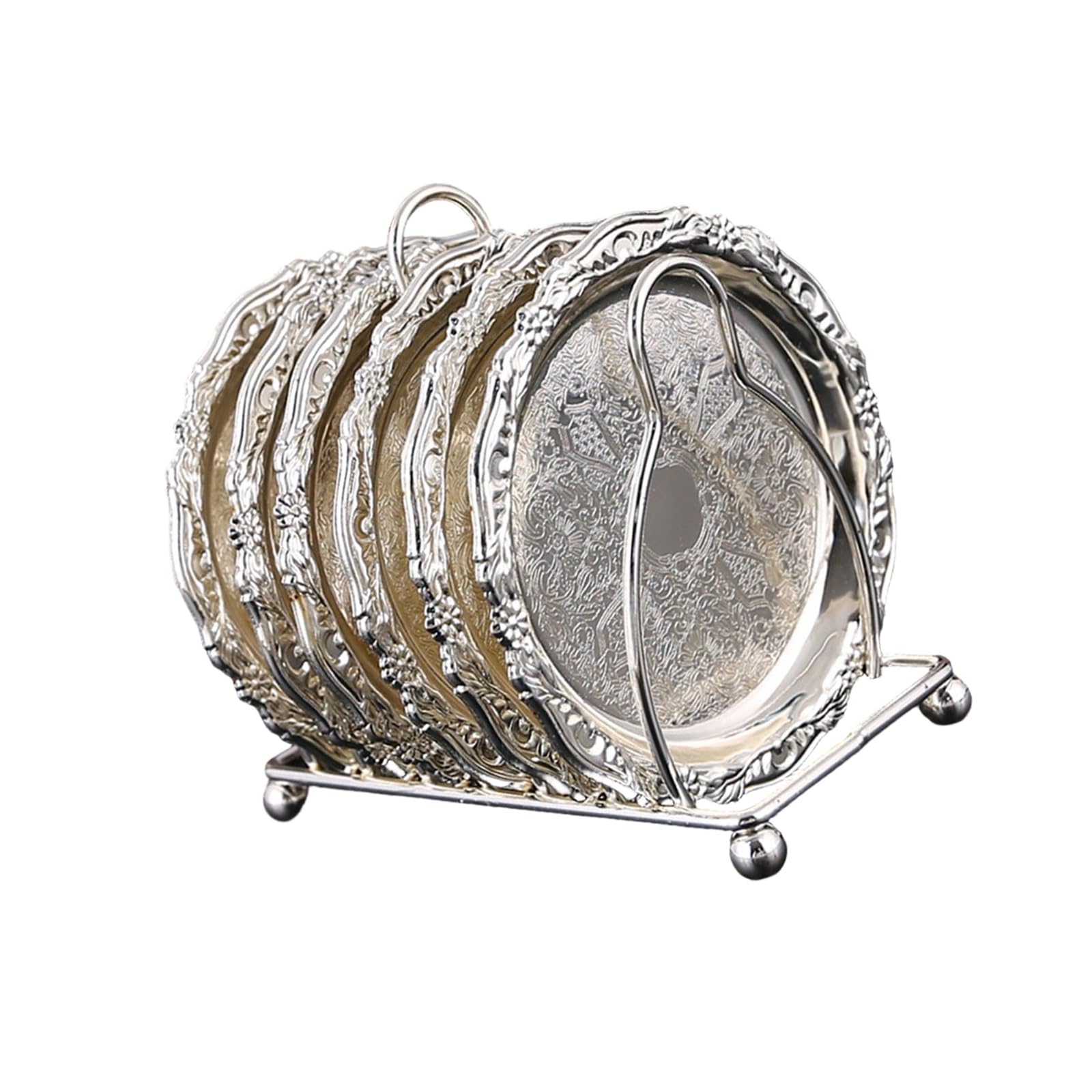 jiingekk 6Pcs Stylish Alloy Dessert Plates with Holder for Fruits Snacks and Coffee Coasters for Home Decor Dessert Serving Tray