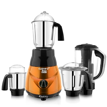 Gemini New Model Traditional KIAA 1000-Watts Mixer Grinder with 100% Copper Motor with 3 Heavy Aluminium Base Steel Jars and 1 ABS Juicer Jar 4R(Dry Jar, Chutney Jar, Liquid, Juicer Jar) Orange-Black