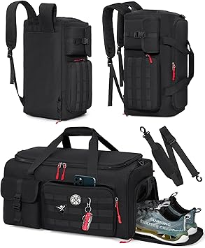 RAINSMORE Gym Bag for Men, 45L Sports Travel Duffel Bag with Shoe & Laptop Compartment, Gym Workout Backpack Carry On Weekender Bag Overnight Backpack for Travel, Black