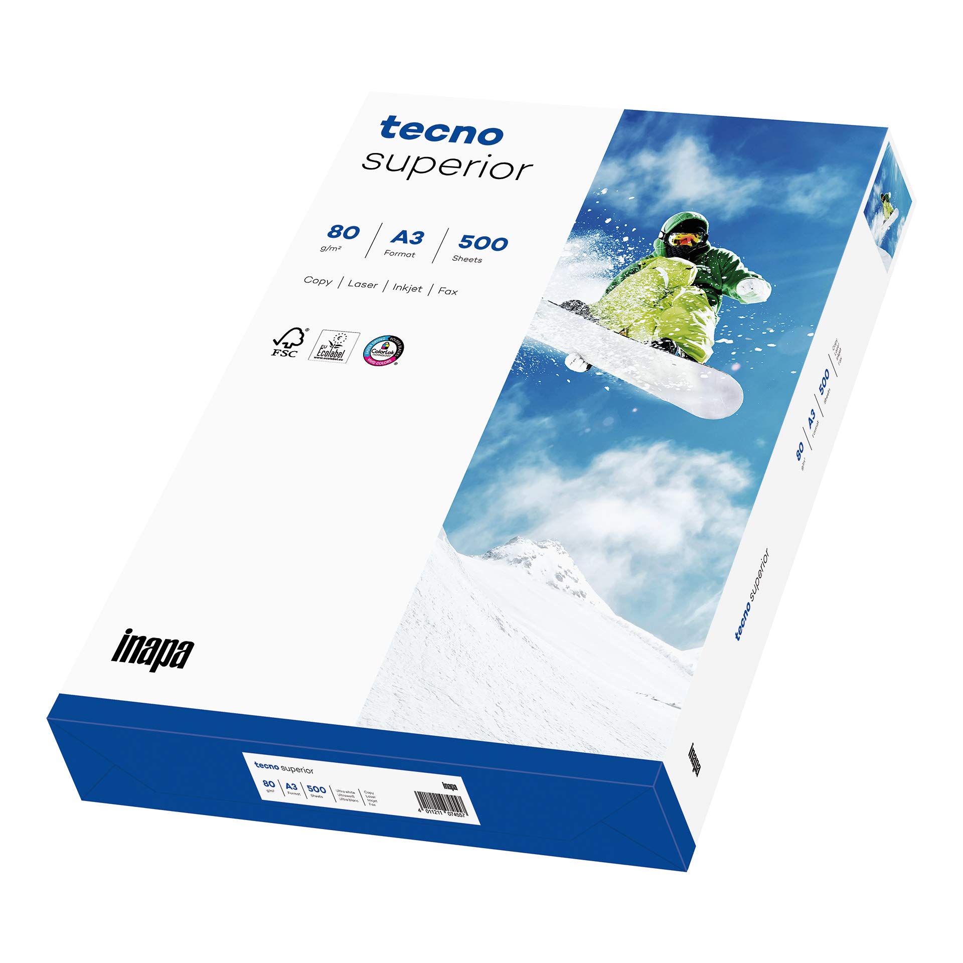 inapa Drucker-/ Kopierpapier tecno Superior: 80 g/m², A3, 2.500 Blatt (5x500), hochweiß