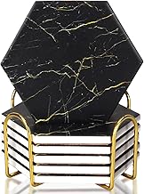 Black Marble Coasters with Holder Absorbent Cork Coasters Modern Drink Coaster Set Stone Coasters Cute Ceramic Coasters for Coffee Beverage Bar Coaster Cool Beer Cup Coasters Cork Table Coastes