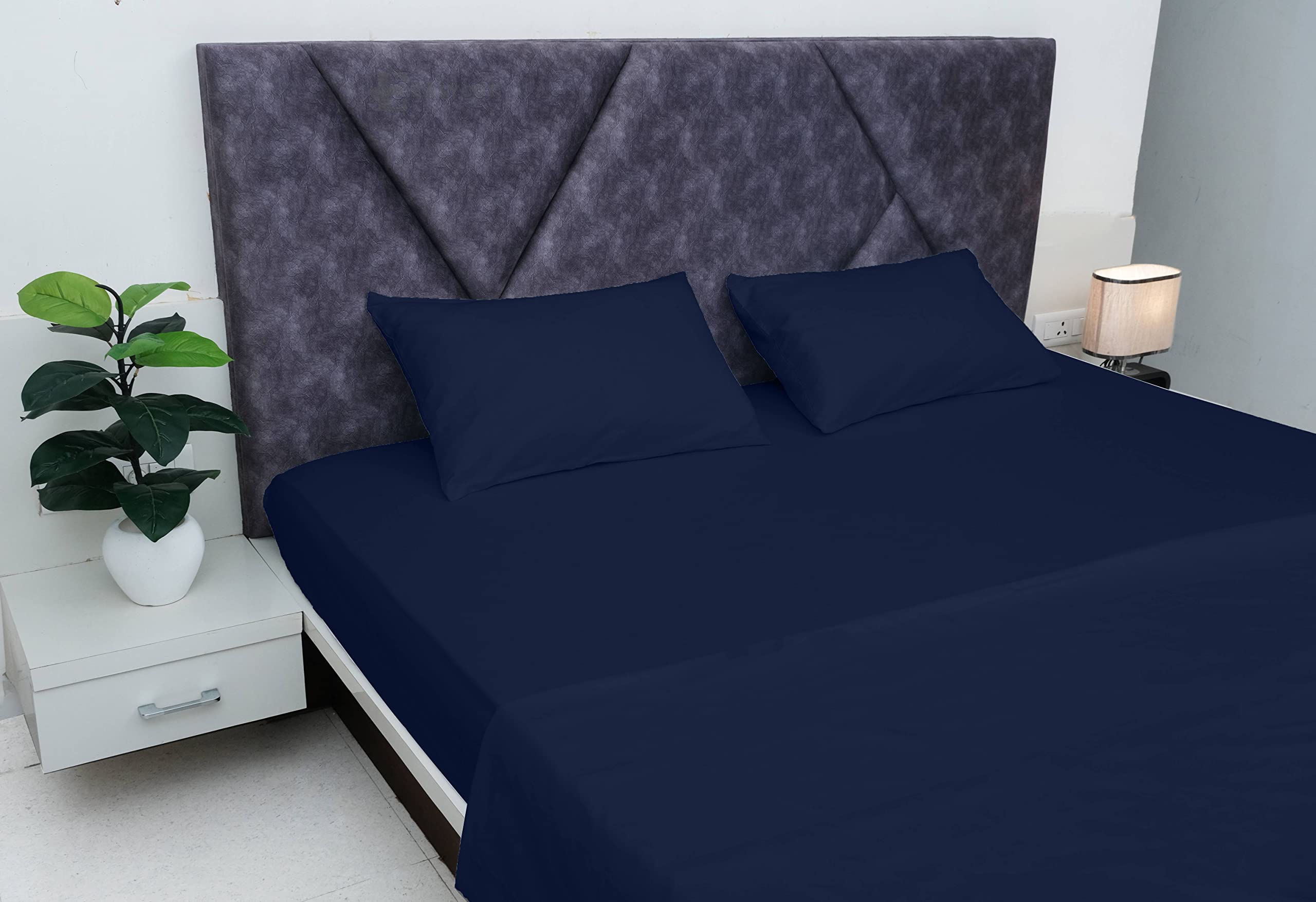 Pashmina 4 Piece Navy Blue Bed Sheet with 40 cm Deep Pockets-Bedding Set - Fitted Sheet, Flat Sheet & 2 Pillowcases Easy Care, 800 Thread Count Silky Soft Egyptian Cotton(Emperor Size) — image 1