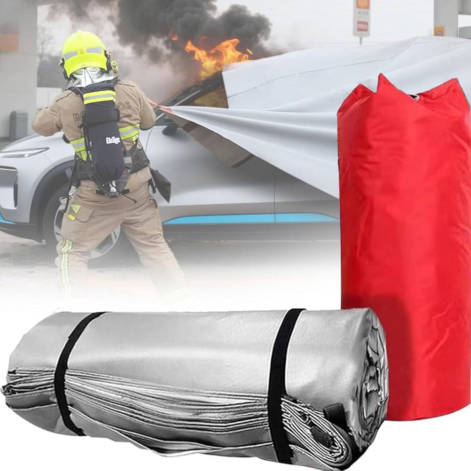Manta ignífuga para vehículos eléctricos, de Fibra de Vidrio ignífuga de despliegue rápido, Manta ignífuga de Emergencia con Revestimiento de Silicona, Mantas de extinción de Incendios 4x6m