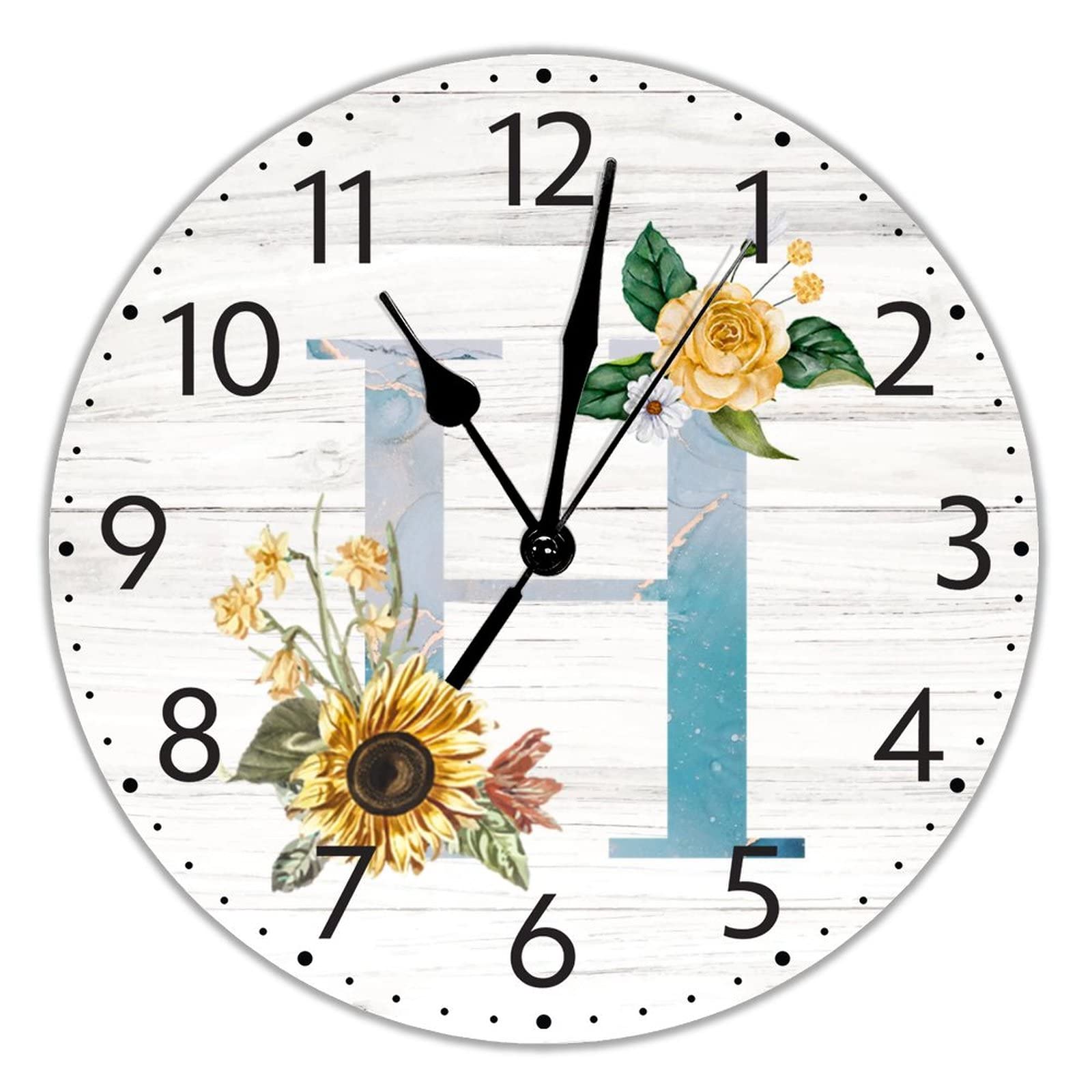 Horloge silencieuse lettre H 38cm à piles avec motif fleur de tournesol