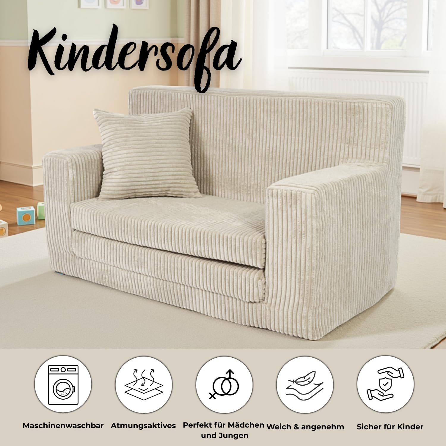FORTISLINE Kindersofa ausklappbar aus Cord 83x47x43 cm - Kindercouch mit Liegefläche 112 cm, Kinderzimmer Sofa mit Kissen, Abnehmbarer waschbarer Bezug, Oeko-TEX Standard 100