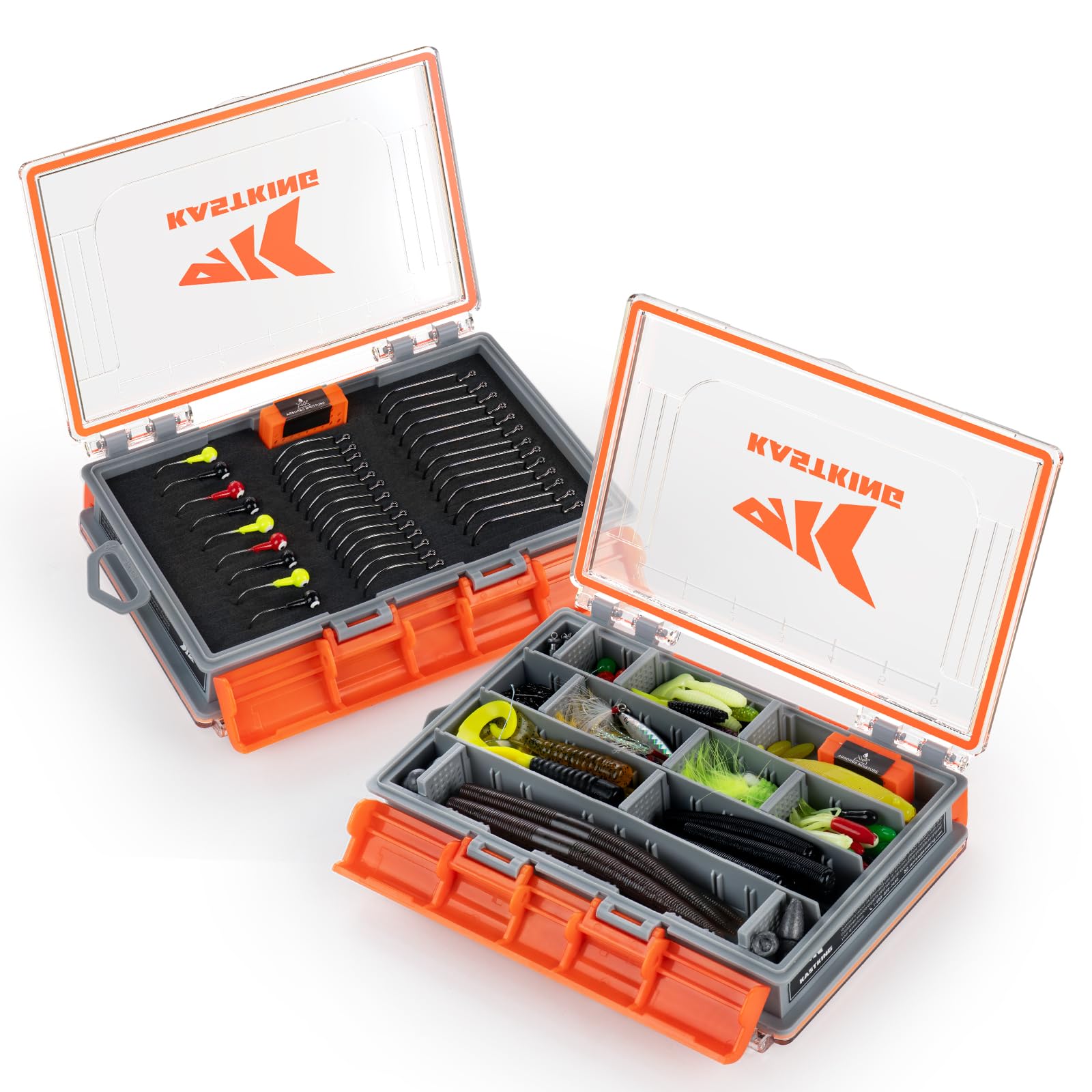 KastKing HyperSeal 3500 Double-Sided Waterproof Fishing Tackle Box, 2 Packs | Adjustable Dividers, EVA Foam Jig Storage, Lure & Terminal Tackle Organizer, Tackle Trays, Fishing Gear Storage Orange 3500(2 Pack)
