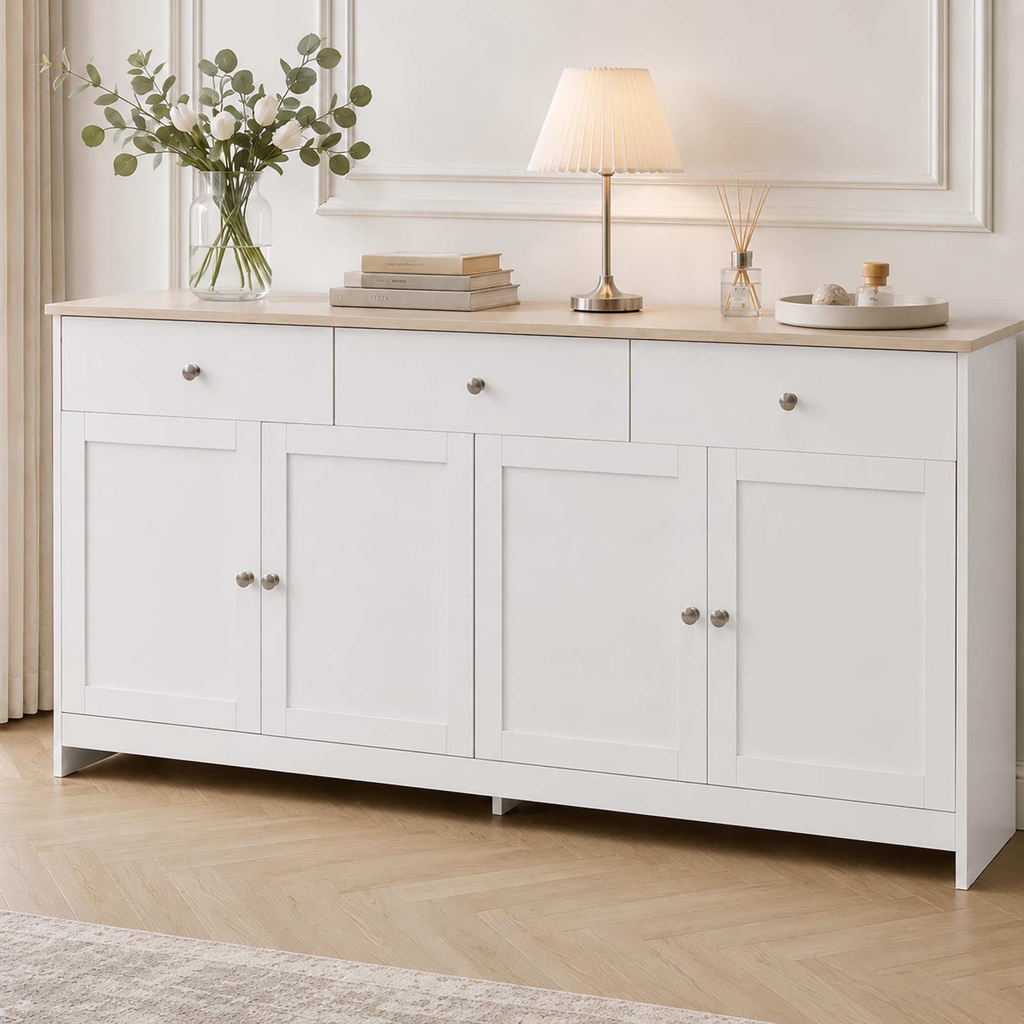 Aparador blanco moderno de 160 cm con 3 cajones y 4 puertas para salon