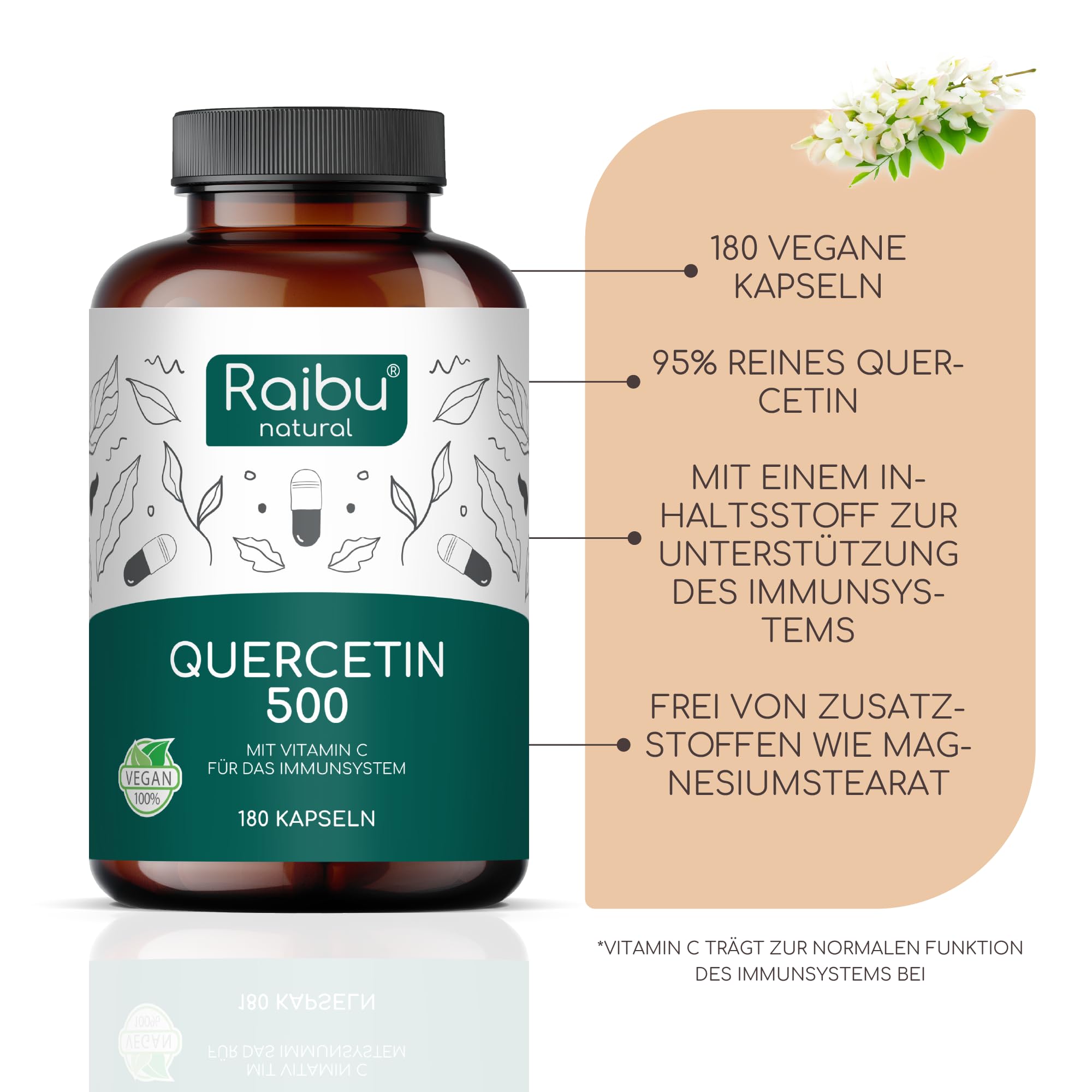 Quercetin Hochdosiert - 360 Kapseln - 500 mg Quercetin pro Kapsel - Vorrat für 12 Monate - Hochwertiger Rohstoff: Japanischer Schnurbaum - Ohne Zusätze & Vegan- Raibu (Packung mit 2)