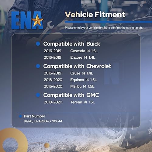 Miniatura 6 de ENA Bujía de iridio para 91970 ILNAR8B7G 90644, bujías de repuesto automotrices compatibles con Chevrolet Cruze 1.4L Equinox 1.5L Malibu 1.5L Buick