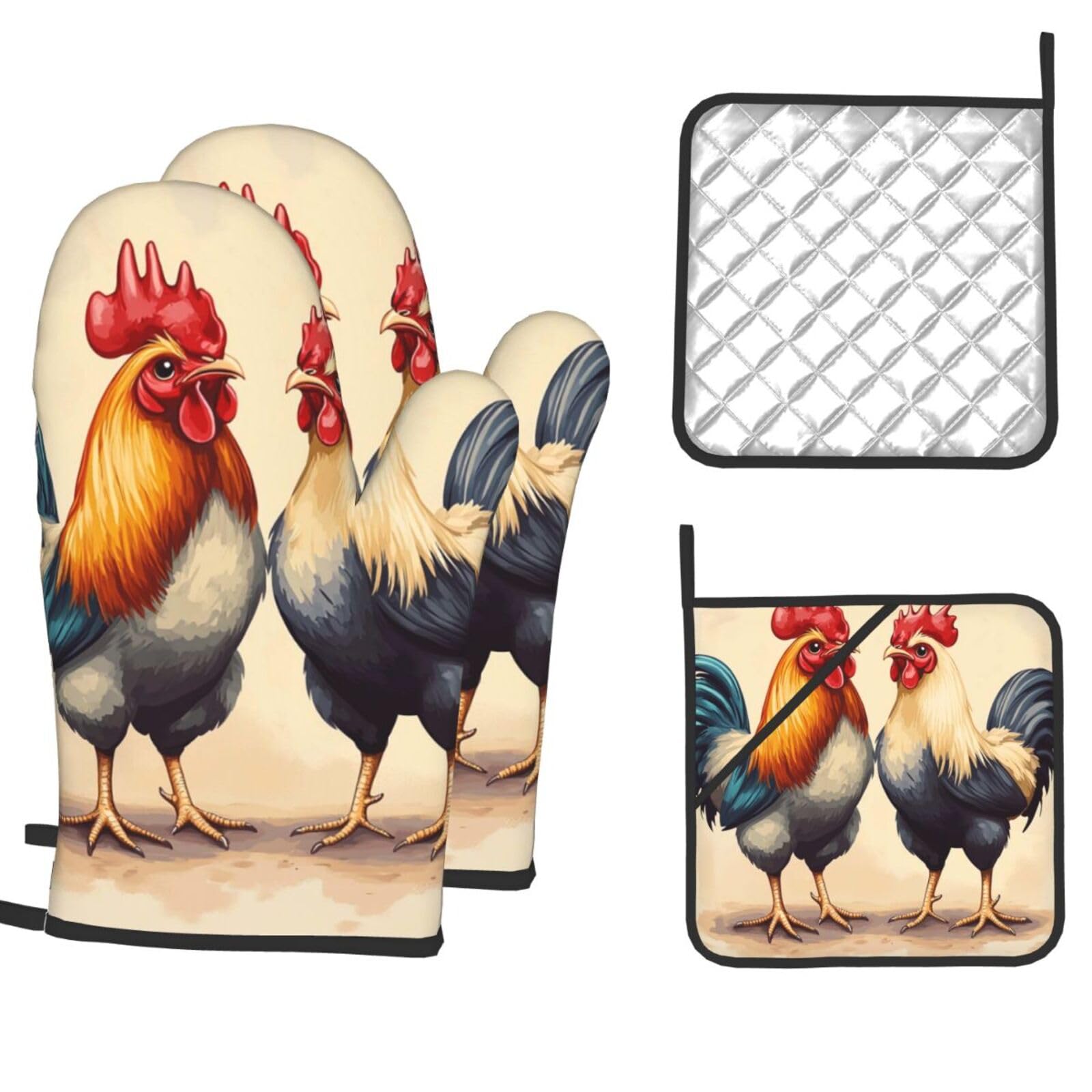 Oven Mitts and Pot Holders Set of 4 Heat Resistant Non-Slip Kitchen Gloves Hot Pads Rooster and Hen Non-Slip Potholders for Cooking Baking Grilling BBQ