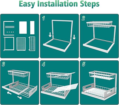 Miniatura 9 de Bukfen Organizador para debajo del fregadero, organizador de armario extraíble de 2 niveles, estante deslizante para debajo del gabinete, multiuso