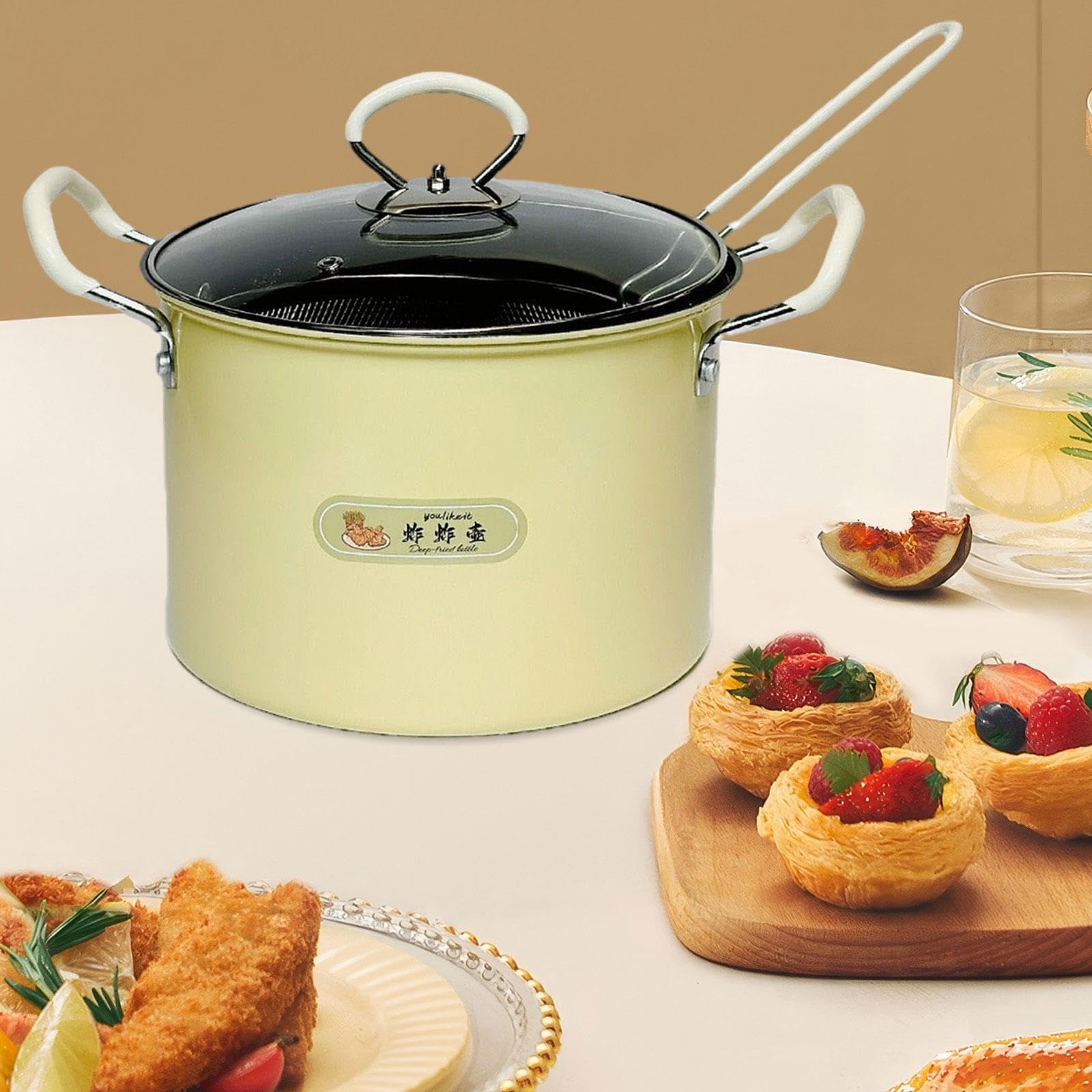 Generic Deep Fryer Pot Japanese Frying Pot Easy to Clean Reusable Kitchen Frying Pan 5.2L with Removable Strainer for Outdoor, Yellow
