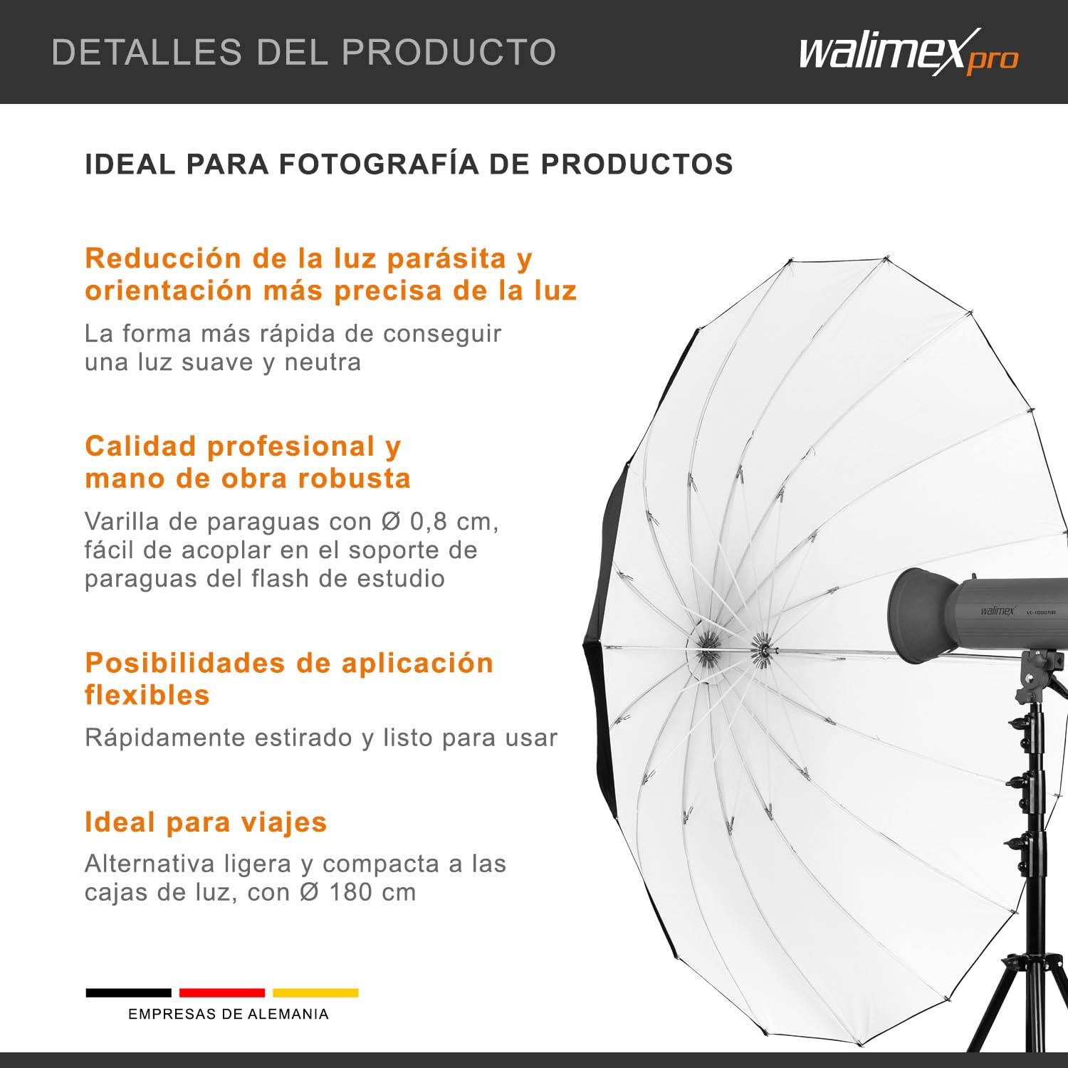 Walimex Pro - Paraguas difusor réflex (diámetro 180 cm), blanco y negro