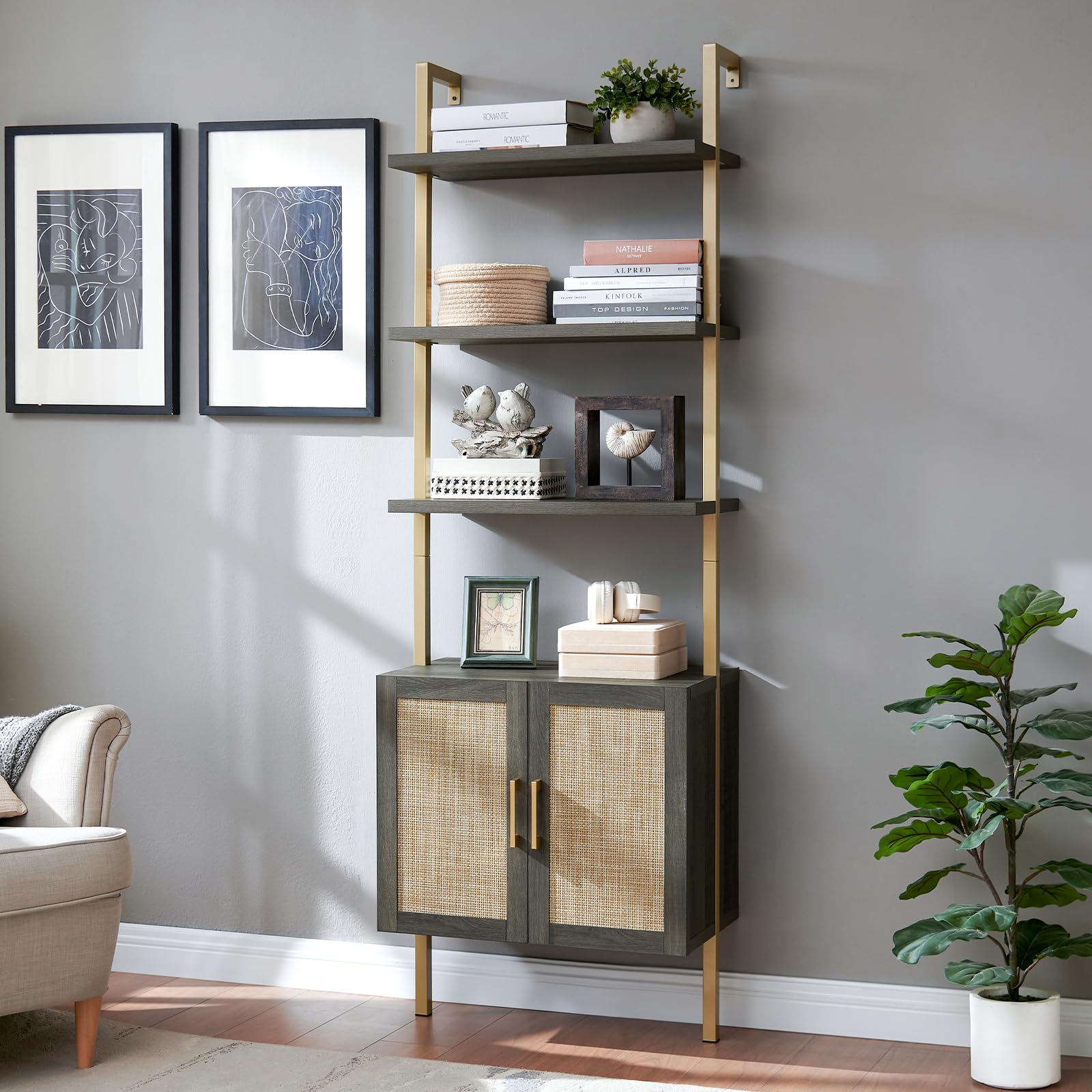 OAKHAM HOME 5 Tier Book Shelf, 73" Tall Bookshelf with Storage, Modern Bookcase with Shelves, Wall Mount Ladder Shelf with Steel Frame, Bookshelves