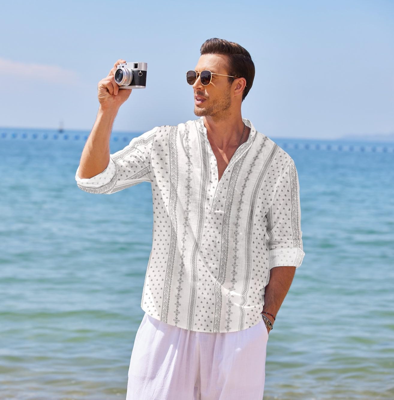 COOFANDY Men's Cotton Linen Henley T-Shirt Long Sleeve Hippie Casual Beach T-Shirts - Image 2