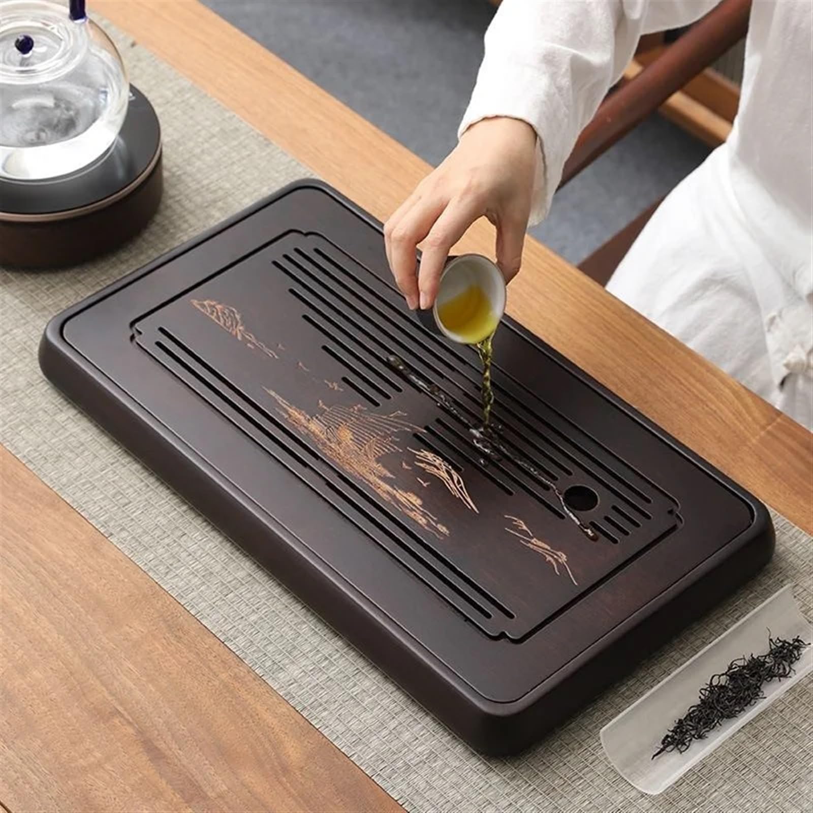 Bandeja Bandeja de té de Madera for Ceremonia del té, Bandeja de Mesa de té, decoración de Mesa de té, Bandeja de Almacenamiento, Juego de té y café(38x24x4cm)