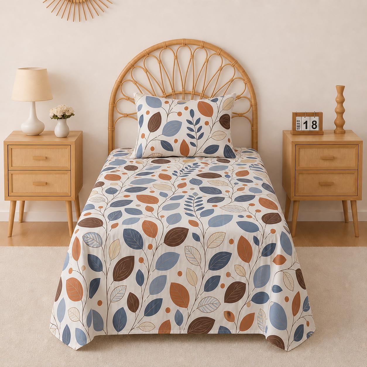 VAS COLLECTIONS 240 TC Premium Cotton Single Bedsheet, Soft Breathable Comfortable Floral Printed Bed Sheet, Elegant Durable Bedding for Bedroom, Easy Care Single Bed Cover,60 x 90 Inches - Pale Sand
