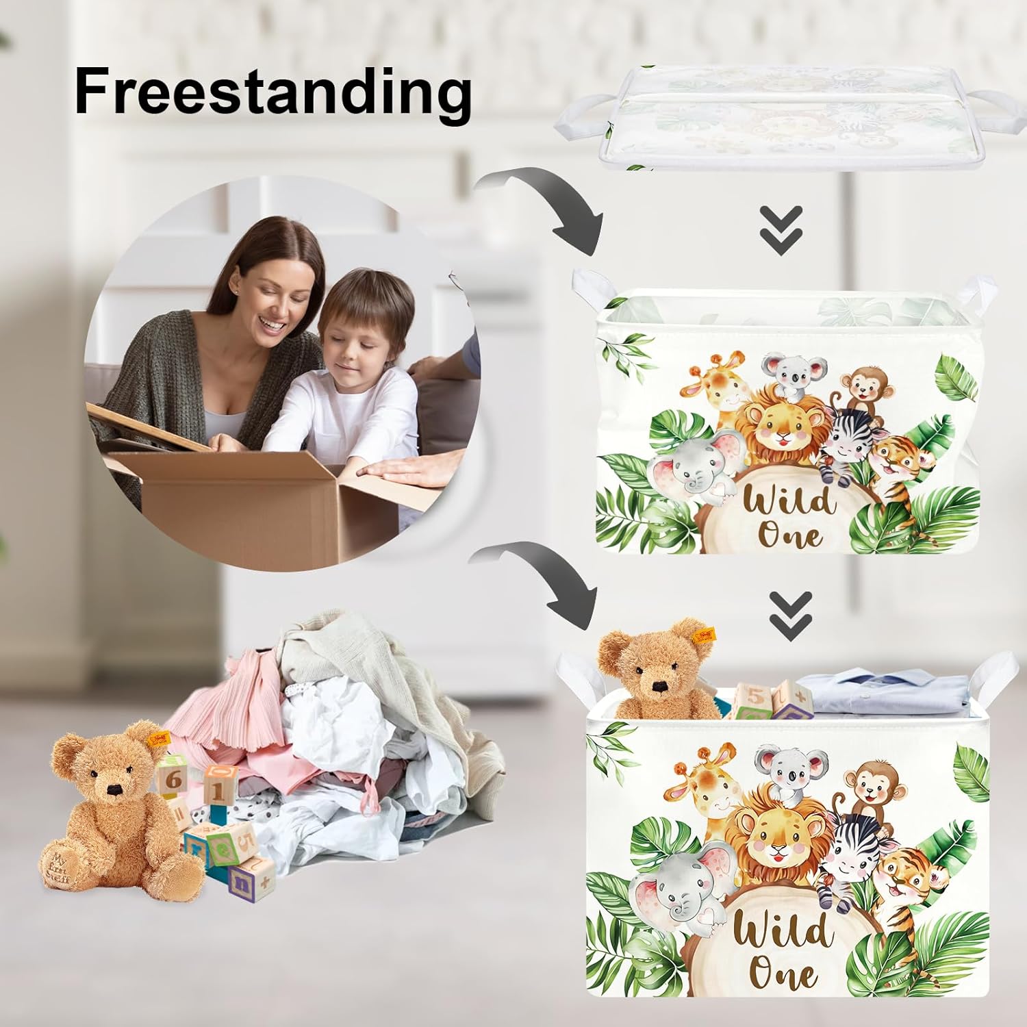 Clastyle 36L Large Safari Animals Elephant Shelf Basket Lion Rectangle Collapsible Dirty Clothes Baby Basket Jungle Koala Giraffe Book Toy Storage Bin for Nursery