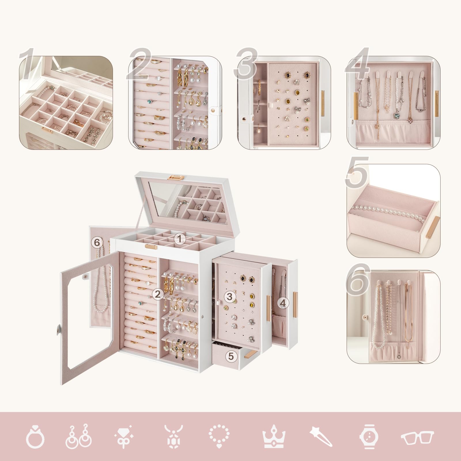 HOOBRO Schmuckschatulle mit Spiegel, Schmuckaufbewahrung, Schmuckkästchen Reise, Schmuck Organizer mit Glasfenster, vertikale Aufbewahrung, für Ohrringe, Ringe, Halsketten, Weiß EWT03JB04G2