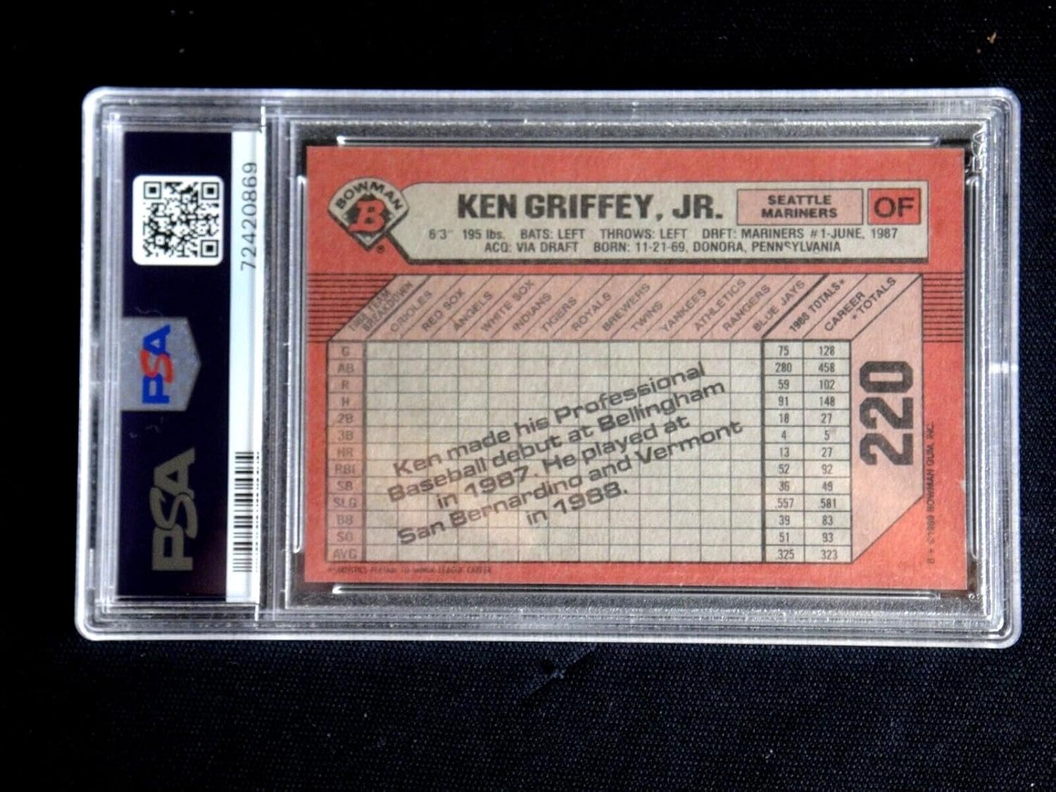 Ken Griffey Jr. 1989 Bowman Baseball Rookie Card #220 Psa 8 Nm/mt Mariners Hof - Baseball Slabbed Rookie Cards