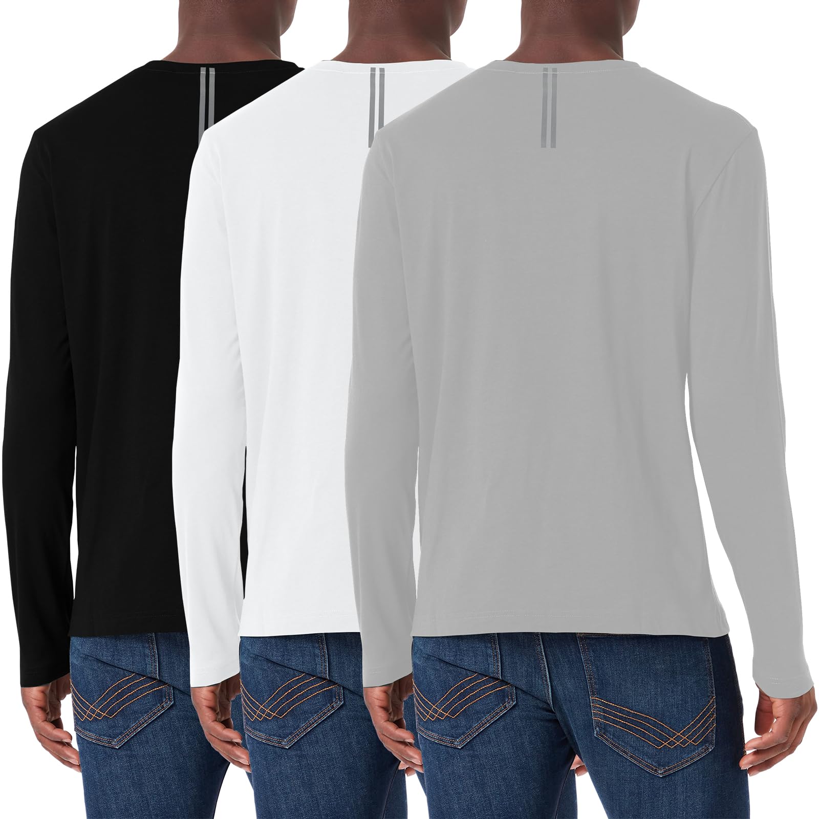 Paquete de 3 camisetas de manga larga para hombre, holgadas, absorben la humedad, cuello redondo, ligeras, cómodas, informales, capa base