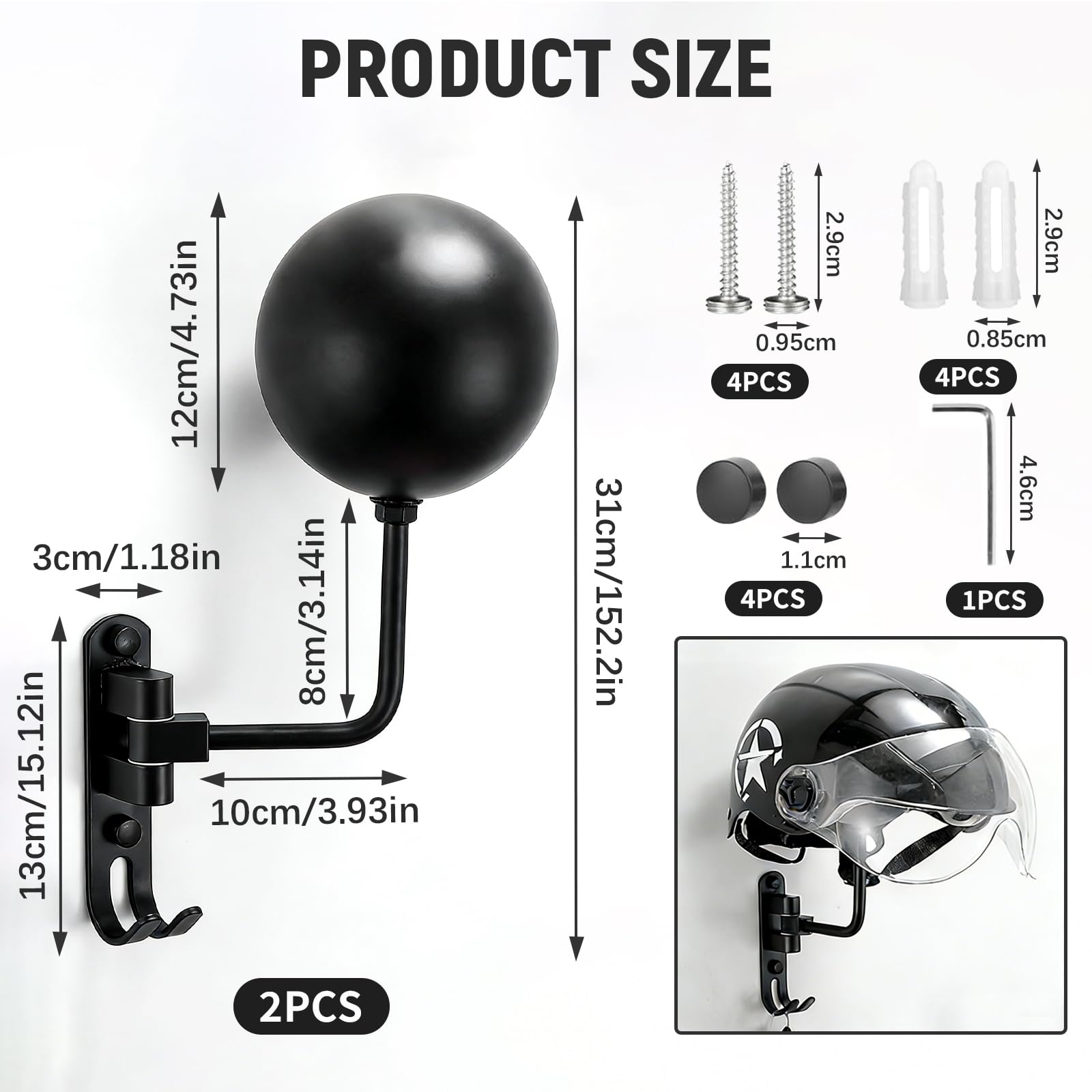 2 Pièces Support Mural Casque Moto Polyvalent, Sphérique Porte de Casque Mural de Rotation 180° avec Crochet, Accessoire Moto pour Accrocher Chapeaux, Manteaux et Clés, Noir