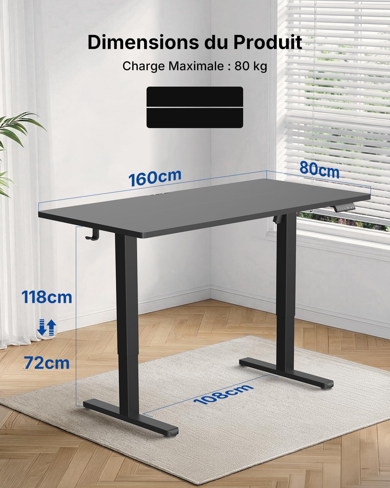 HUANUO Bureau Debout 160 x 80 cm avec Port de Charge USB-C et USB-A, Hauteur réglable de 72 à 118 cm, 4 préréglages de mémoire, Gestion des câbles et Crochet