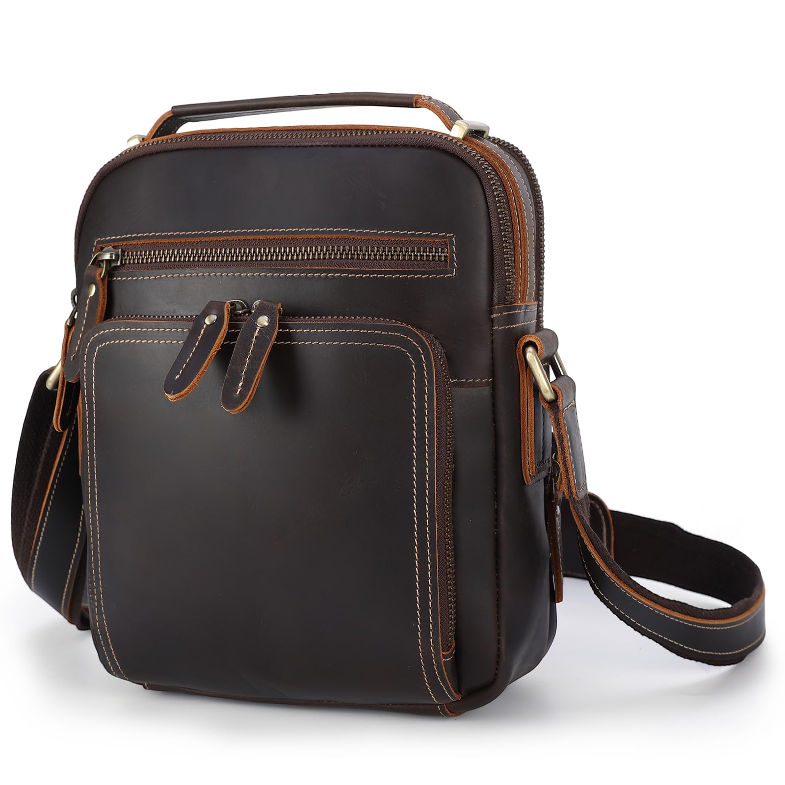 Men's Shoulder Bag Full Grain Leather Man Bags for Men Cross Body Casual Handbag for Work Business Daily Use, Brown