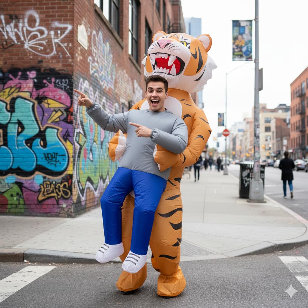 A2Z Disfraz inflable de tigre para adultos y mujeres con caja de batería de abanico, disfraz divertido de tigre inflable para hombres y mujeres, Halloween, fiestas y festivales, talla única
