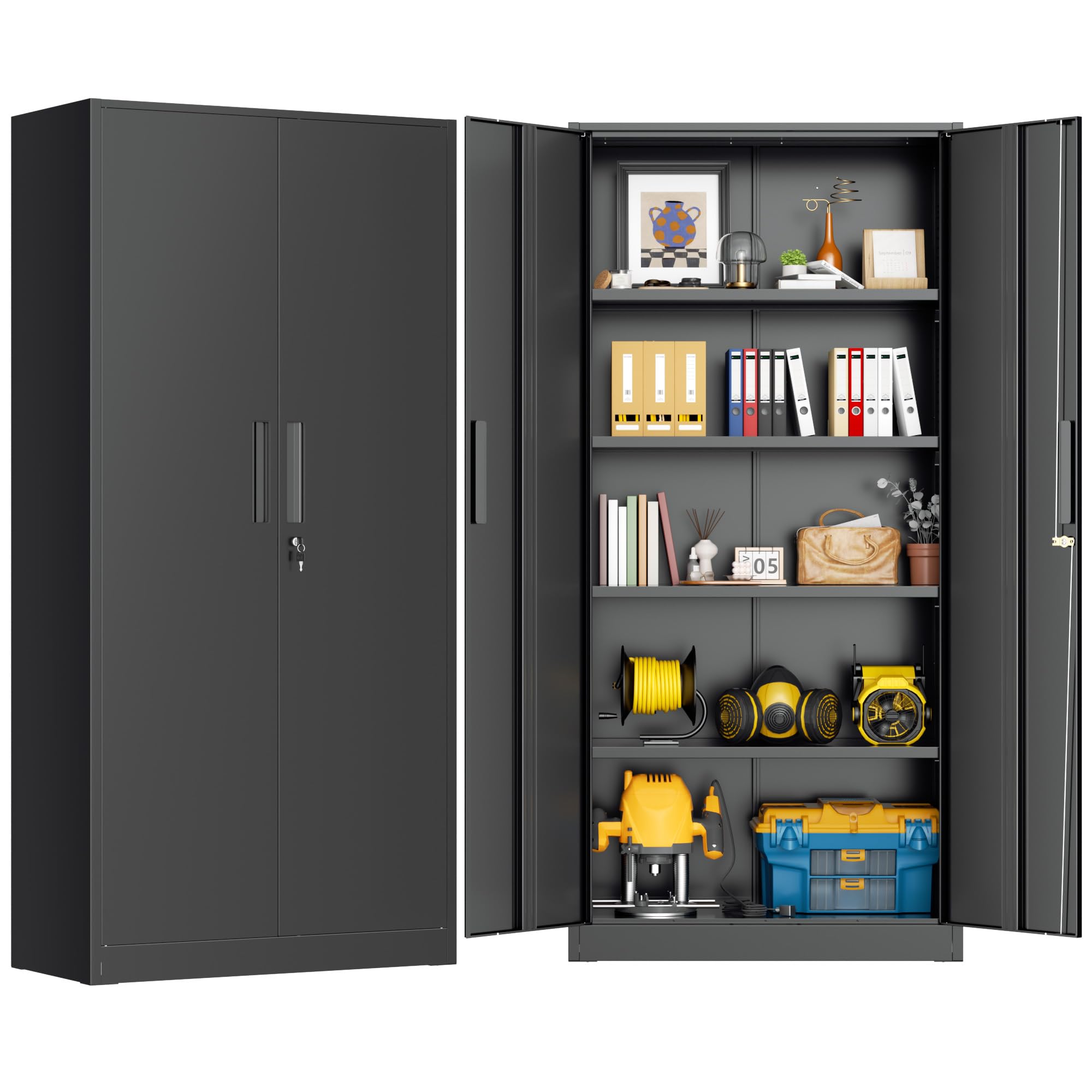 Greenvelly 72" H Metal Garage Storage Cabinet with 2 Doors and 4 Adjustable Shelves, Black Metal Cabinet with Lock, Steel Tool Cabinet for Office,
