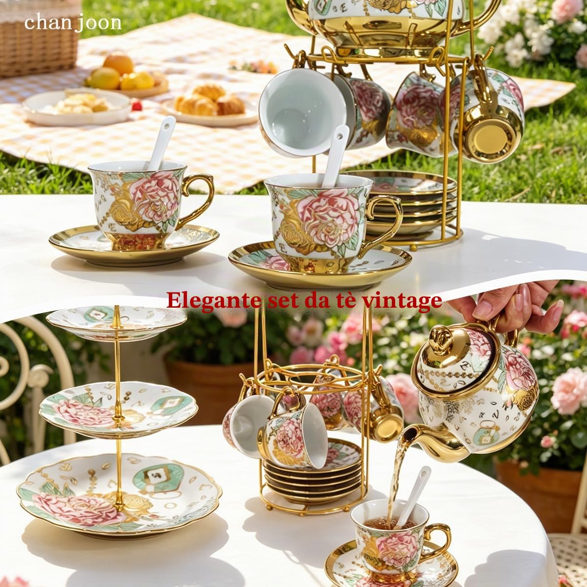Servizio da tè in ceramica rosa rossa placcato oro, set da tè vintage con teiera, bel servizio da tè che serve 6 persone (Golden, Medium)