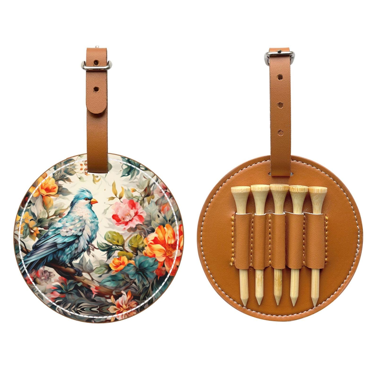Flowers and Birds Brown Printed Golf tee Storage Bag - Portable Design, Easy to Organize tee