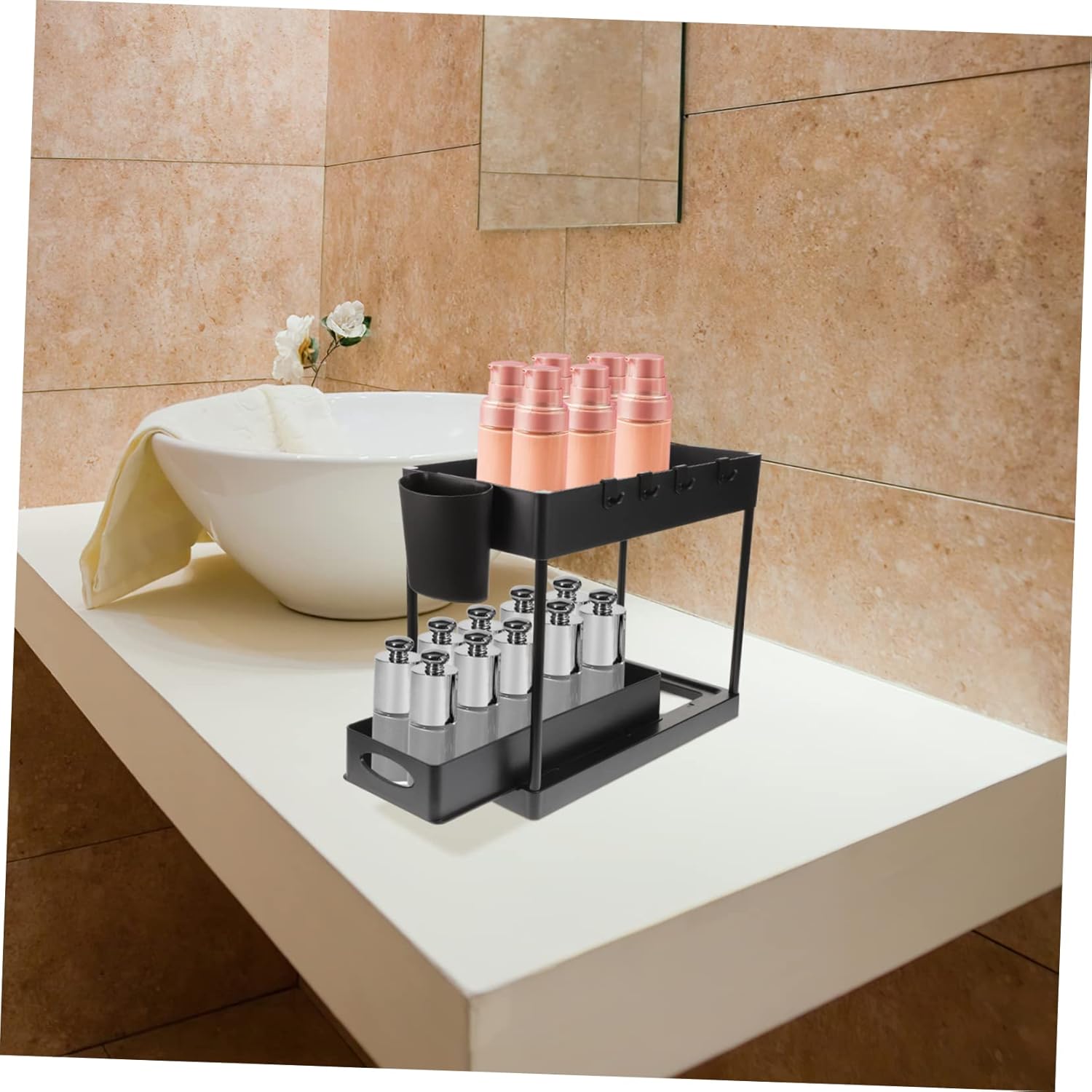 SECFOU Sliding Storage Basket with Pull-out Drawer under Sink Organizer Abs Kitchen and Bathroom Accessory Includes Hooks and Cup for Clean Countertops