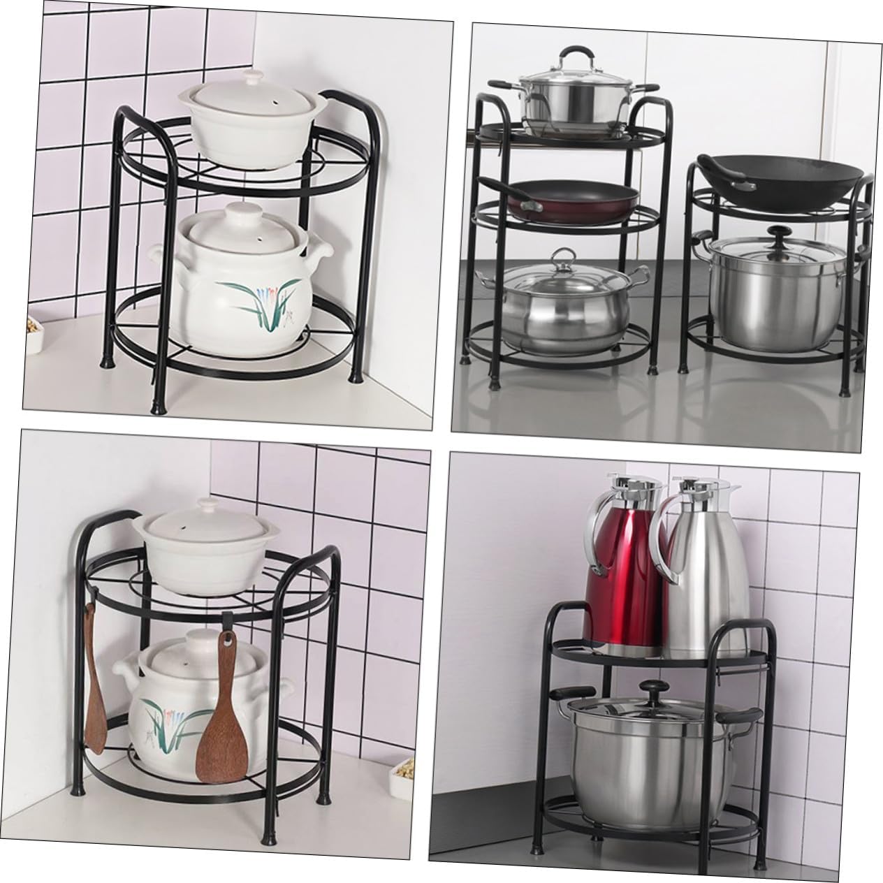 Creative Two-layer Kitchen Floor Shelf with Pads Detachable Simple Pan and Pot Rack for Convenient Cookware Storage Black