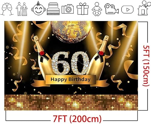 Miniatura 3 de Cinta brillante de 7 x 5 pies, color dorado con texto en inglés "Cheers", con diamantes brillantes y brillantes, número 60, color negro y dorado