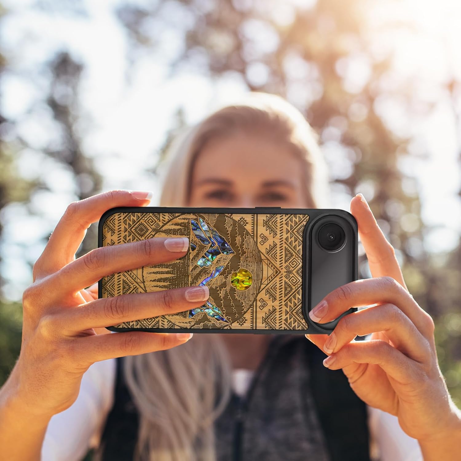 Carveit Magnetic Case for iPhone Air Case, Wood Artisan Engraved & Handmade Shell Inlaid, TPU Shockproof Cover, Compatible with MagSafe 17 Air Wireless Chargers (Aztec Style Alpine Lakes-Cherry)