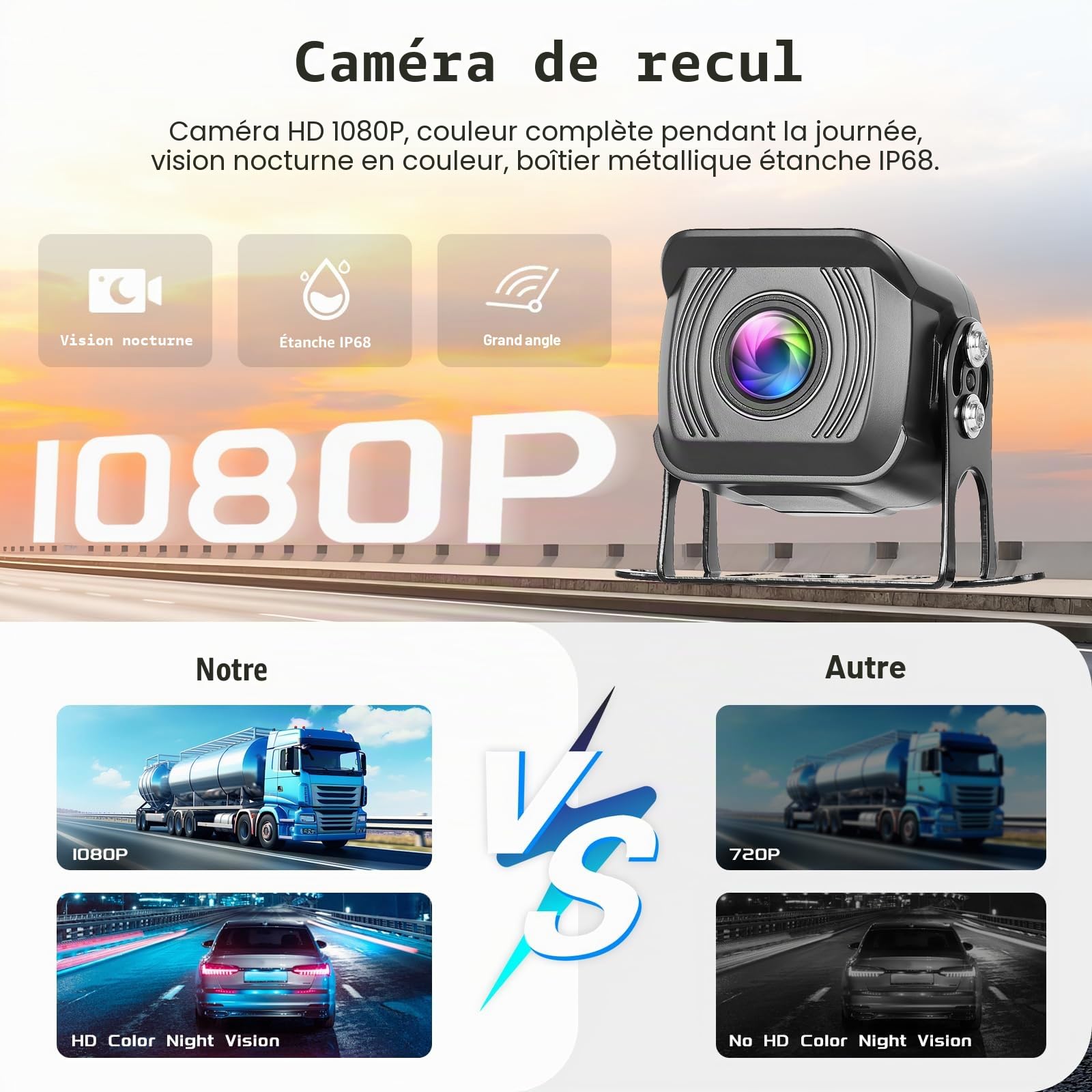 Roinvou Kit Caméra de Recul Numérique sans Fil avec Moniteur IPS 7 Pouces, Équipé de 2 Caméras 1080P/720P avec BSD, IP68, Vision Nocturne, pour Utilitaire, Voiture, Camping-Car, Remorque, 12V-24V